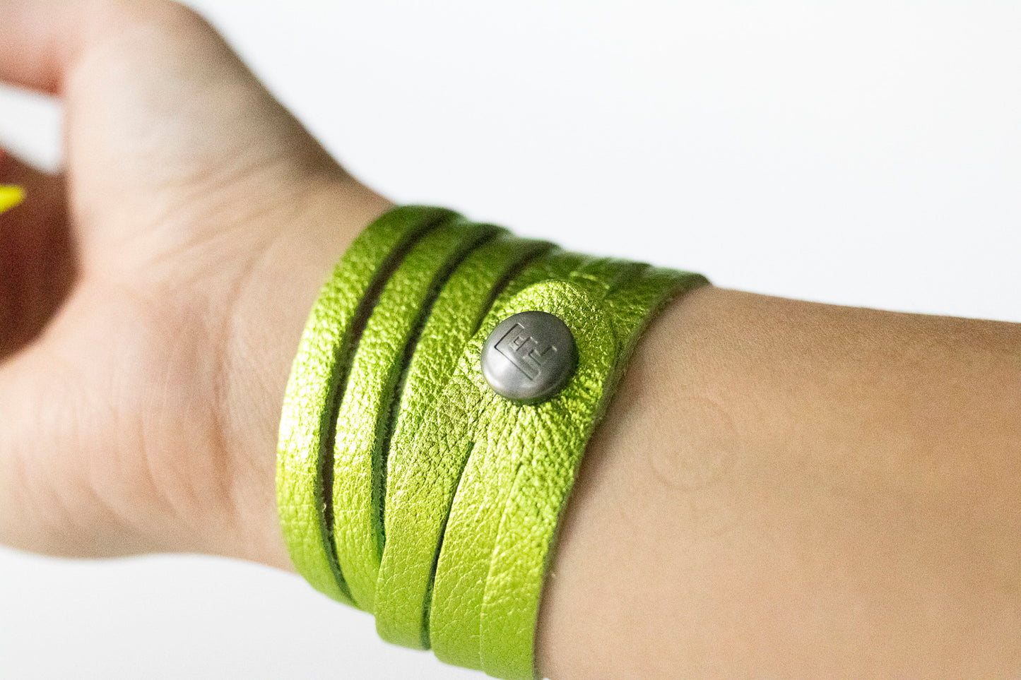 Leather Bracelet / Skinny Sliced Wrap Cuff / Soft Lime