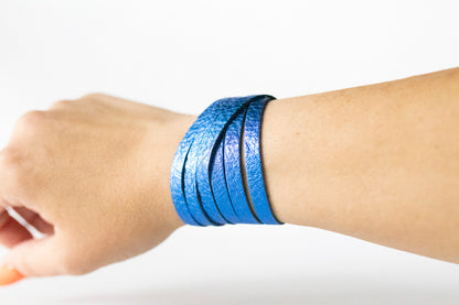 Leather Bracelet / Skinny Sliced Wrap Cuff / Soft Royal