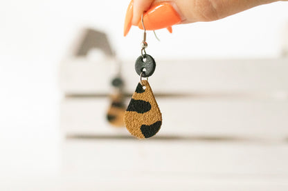 Leather Earrings / Droplets / Tan Leopard Suede