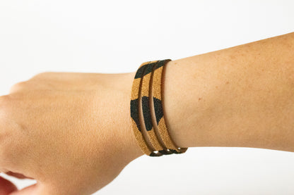 Leather Bracelet / Ultra Skinny Sliced Cuff / Tan Leopard Suede