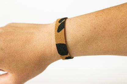 Leather Bracelet / Skinny Slim Cuff / Tan Leopard Suede