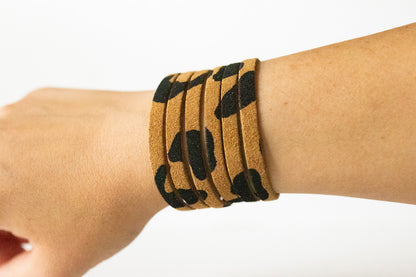 Leather Bracelet / Original Sliced Cuff / Tan Leopard Suede