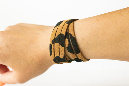 Leather Bracelet / Skinny Sliced Wrap Cuff / Tan Leopard Suede