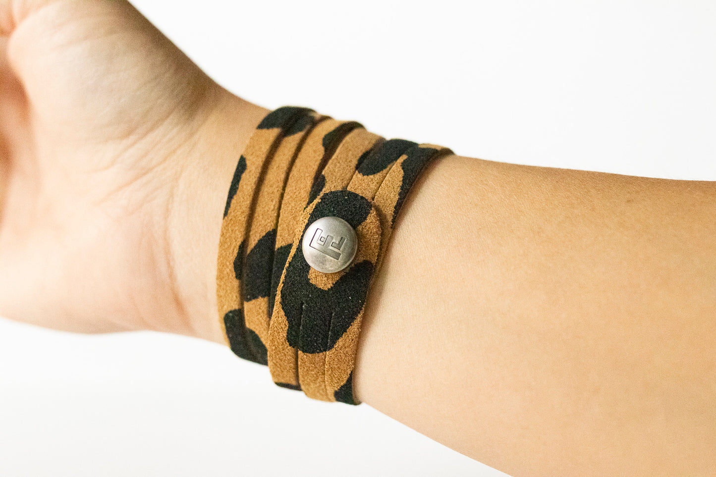 Leather Bracelet / Skinny Sliced Wrap Cuff / Tan Leopard Suede