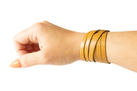 Leather Bracelet / Skinny Sliced Wrap Cuff / Honey