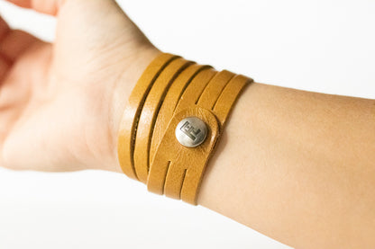 Leather Bracelet / Skinny Sliced Wrap Cuff / Honey