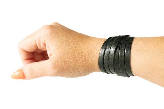 Leather Bracelet / Skinny Sliced Wrap Cuff / Pitch Black