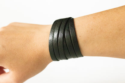 Leather Bracelet / Skinny Sliced Wrap Cuff / Pitch Black