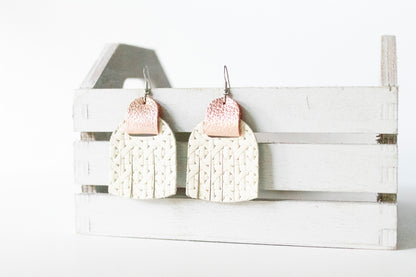 Leather Earrings / Fringies / Woven Chalk White & Soft Rosegold