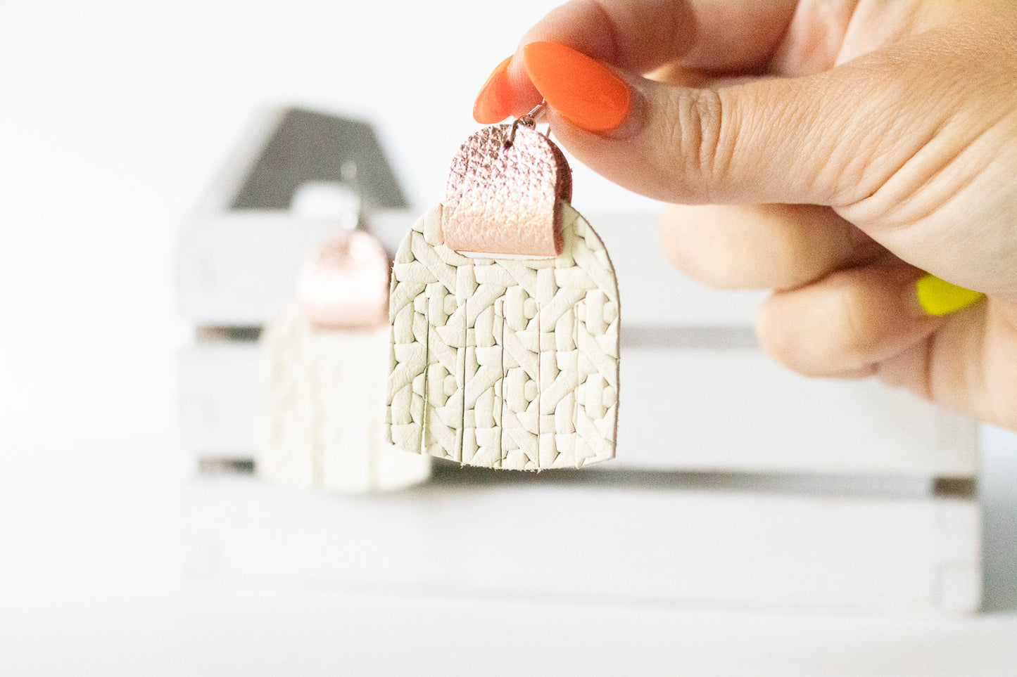 Leather Earrings / Fringies / Woven Chalk White & Soft Rosegold