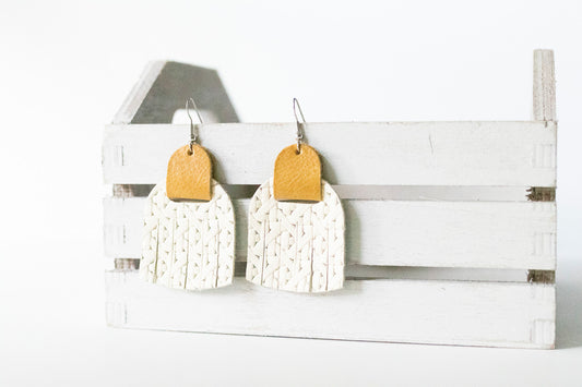 Leather Earrings / Fringies / Woven Chalk White & Honey