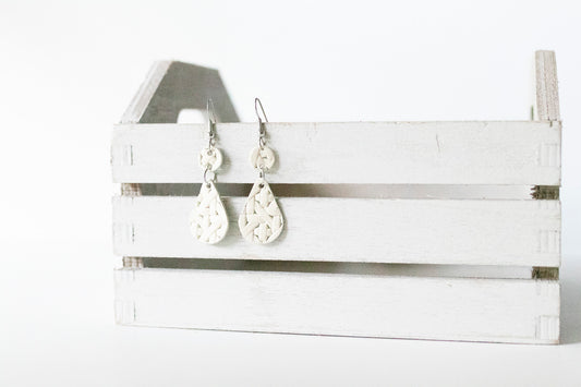 Leather Earrings / Droplets / Woven Chalk White