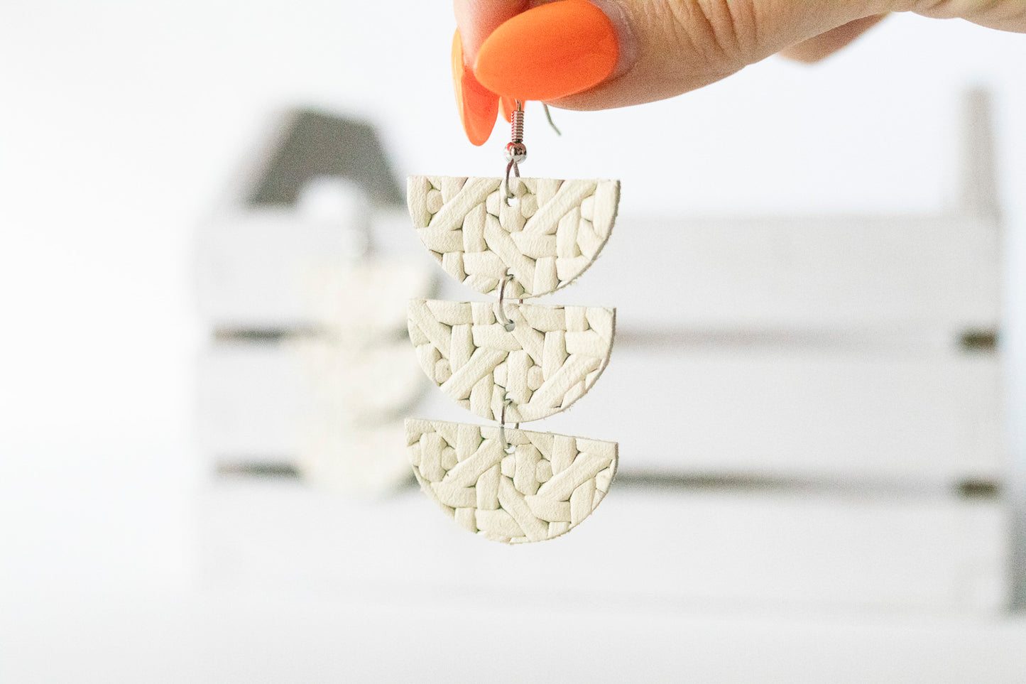 Leather Earrings / Tri Luna / Woven Chalk White