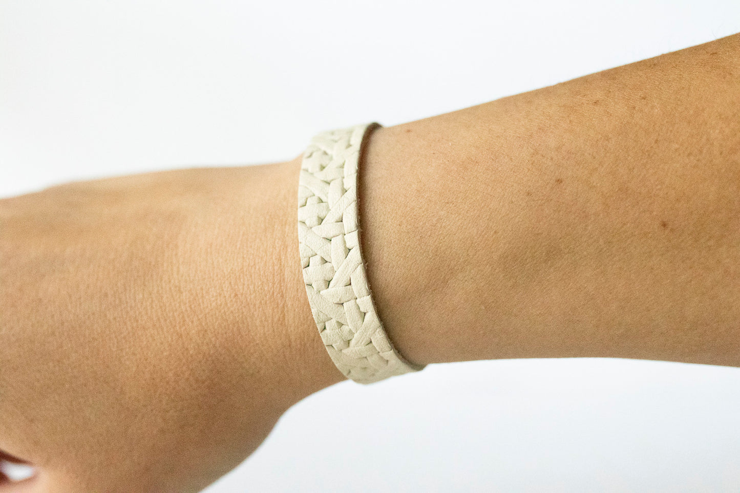 Leather Bracelet / Skinny Slim Cuff / Woven Chalk White