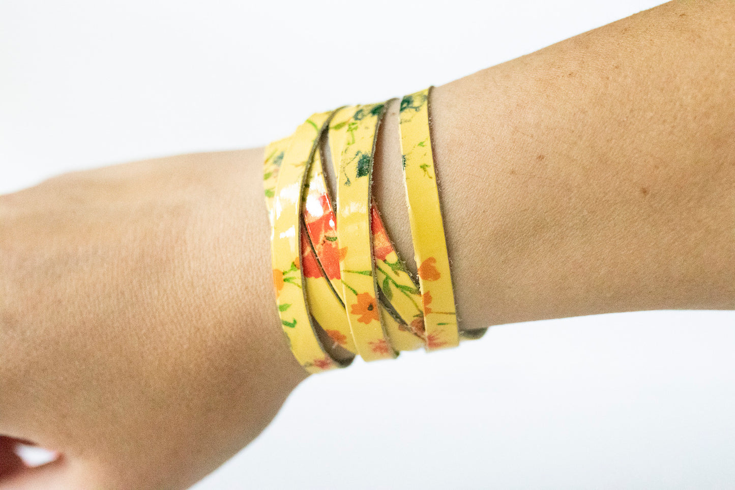 Leather Bracelet / Skinny Sliced Wrap Cuff / Autumn Botanical