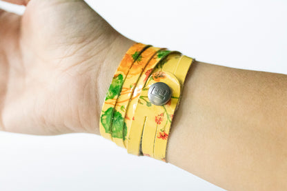 Leather Bracelet / Skinny Sliced Wrap Cuff / Autumn Botanical