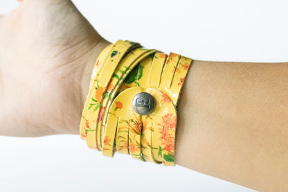 Leather Bracelet / Original Sliced Wrap Cuff / Autumn Botanical