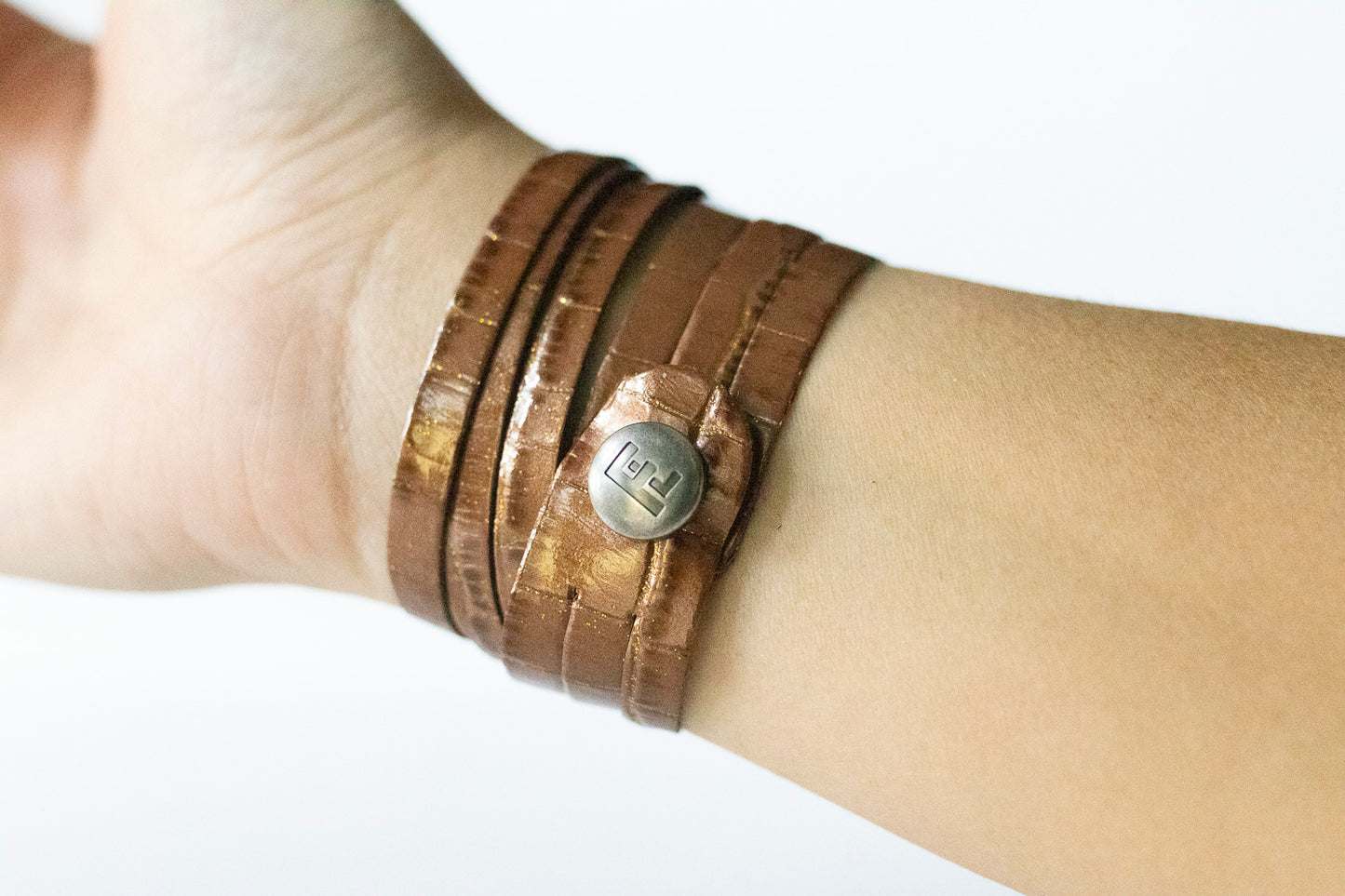 Leather Bracelet / Skinny Sliced Wrap Cuff / Chocolate Croc