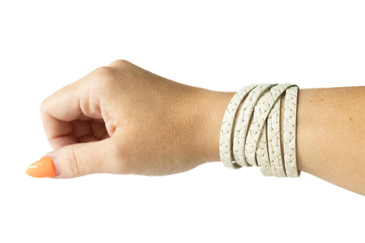 Leather Bracelet / Skinny Sliced Wrap Cuff / Woven Chalk White