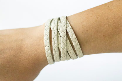 Leather Bracelet / Skinny Sliced Wrap Cuff / Woven Chalk White