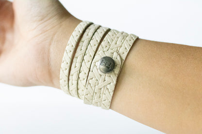 Leather Bracelet / Skinny Sliced Wrap Cuff / Woven Chalk White