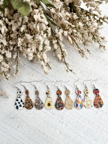 Leather Earrings / Droplets / Sunny Flowers Cork