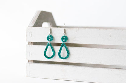 Leather Earrings / Hollow Droplets / Vintage Teal