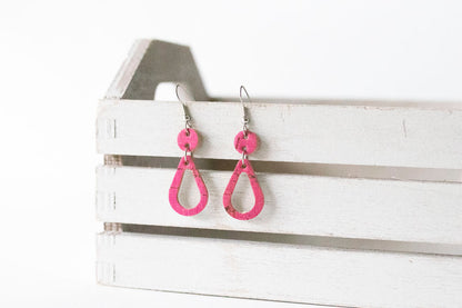 Leather Earrings / Hollow Droplets / Electric Pink Cork