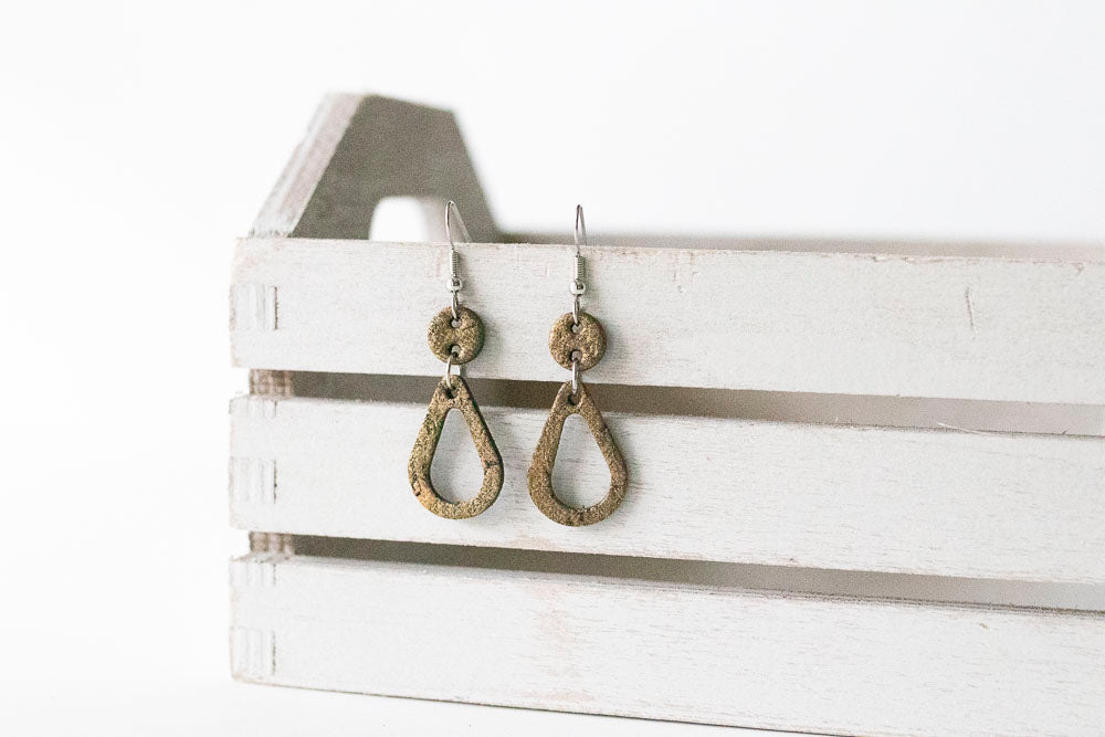 Leather Earrings / Hollow Droplets / Antique Pyrite