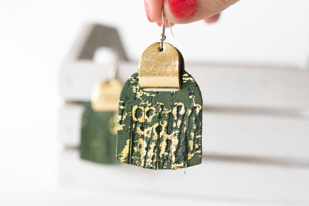 Leather Earrings / Fringies / Driftwood Olive & Metallic Gold