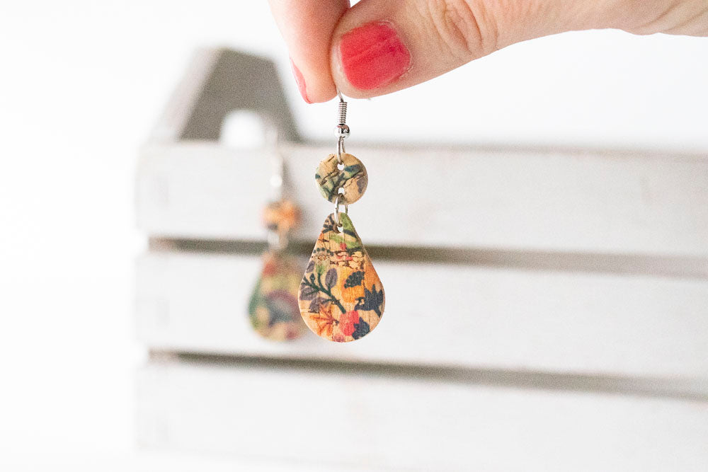 Leather Earrings / Droplets / Wild Rainforest Cork