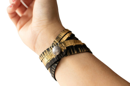 Leather Bracelet / Skinny Sliced Wrap Cuff / Empire Gold