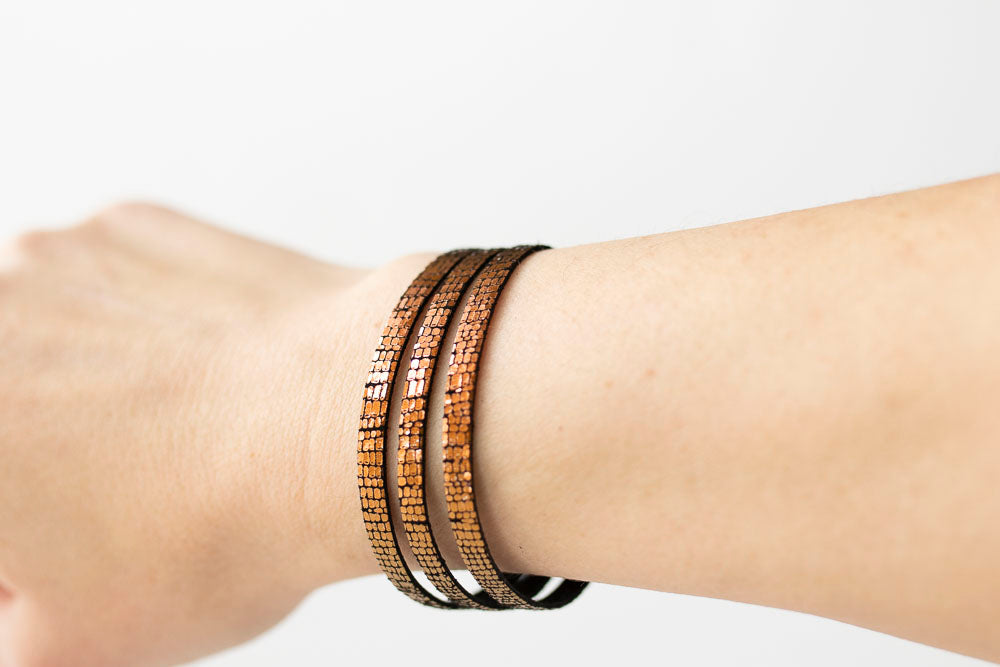 Leather Bracelet / Ultra Skinny Sliced Cuff / Volcanic Sparkle