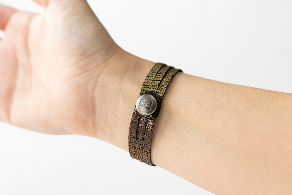 Leather Bracelet / Ultra Skinny Sliced Cuff / Volcanic Sparkle