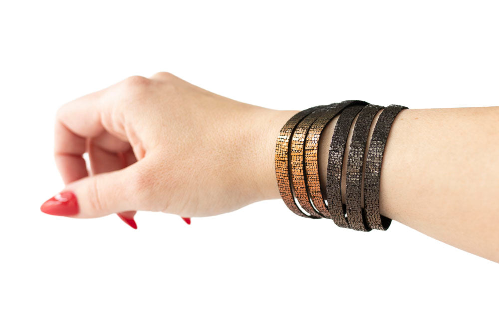 Leather Bracelet / Skinny Sliced Wrap Cuff / Volcanic Sparkle