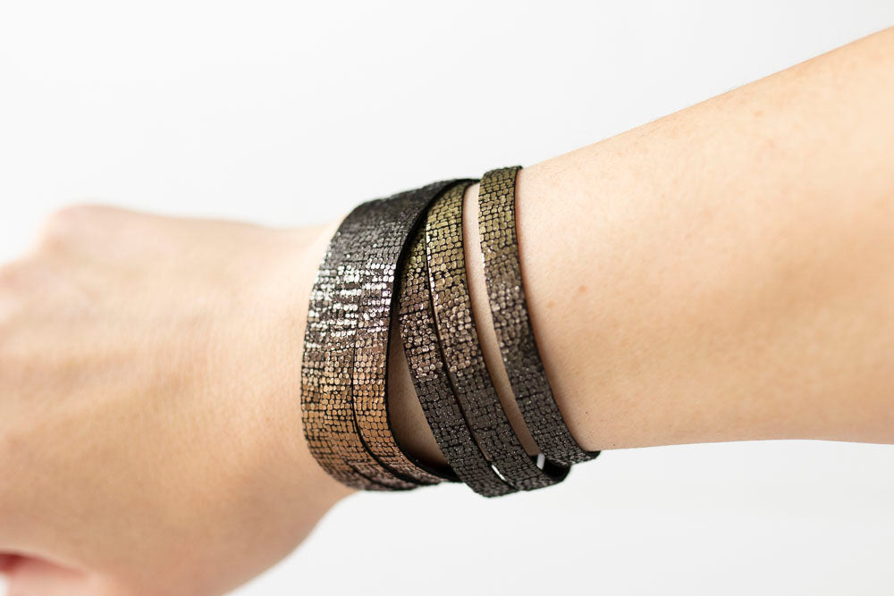Leather Bracelet / Skinny Sliced Wrap Cuff / Volcanic Sparkle
