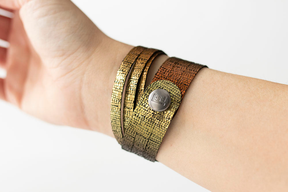 Leather Bracelet / Skinny Sliced Wrap Cuff / Volcanic Sparkle
