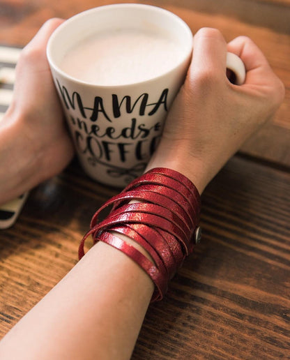 Leather Bracelet / Original Sliced Wrap Cuff / Apple Red