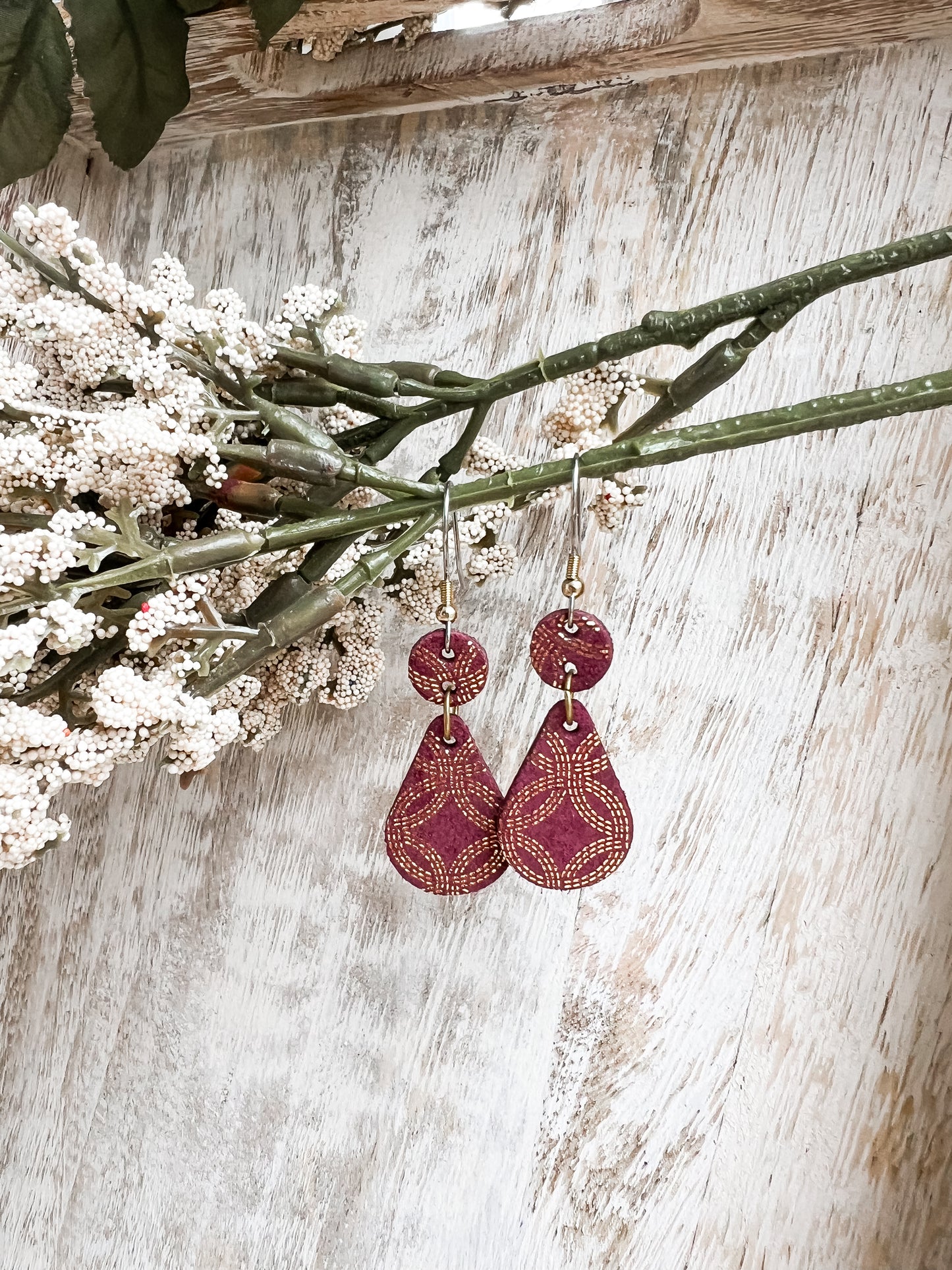 Leather Earrings / Droplets / Burgundy Sparkle