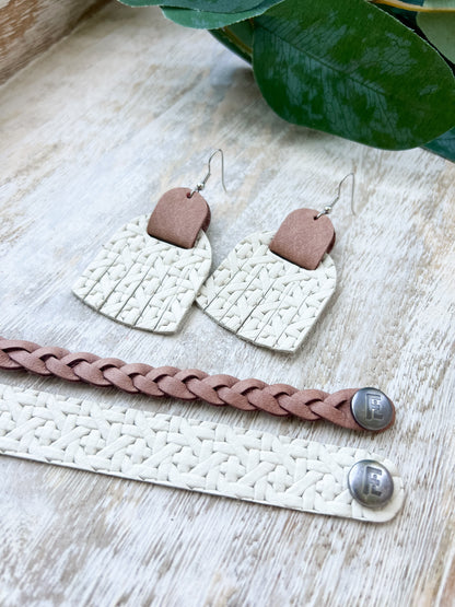 Leather Earrings / Fringies / Woven Chalk White & Rose Latte