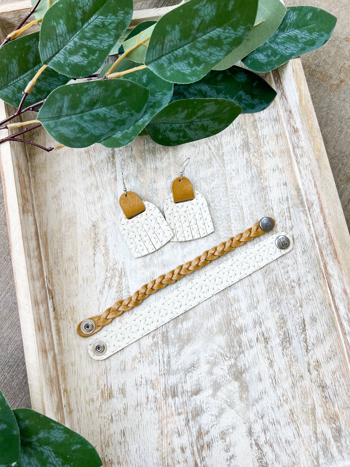 Leather Earrings / Fringies / Woven Chalk White & Honey