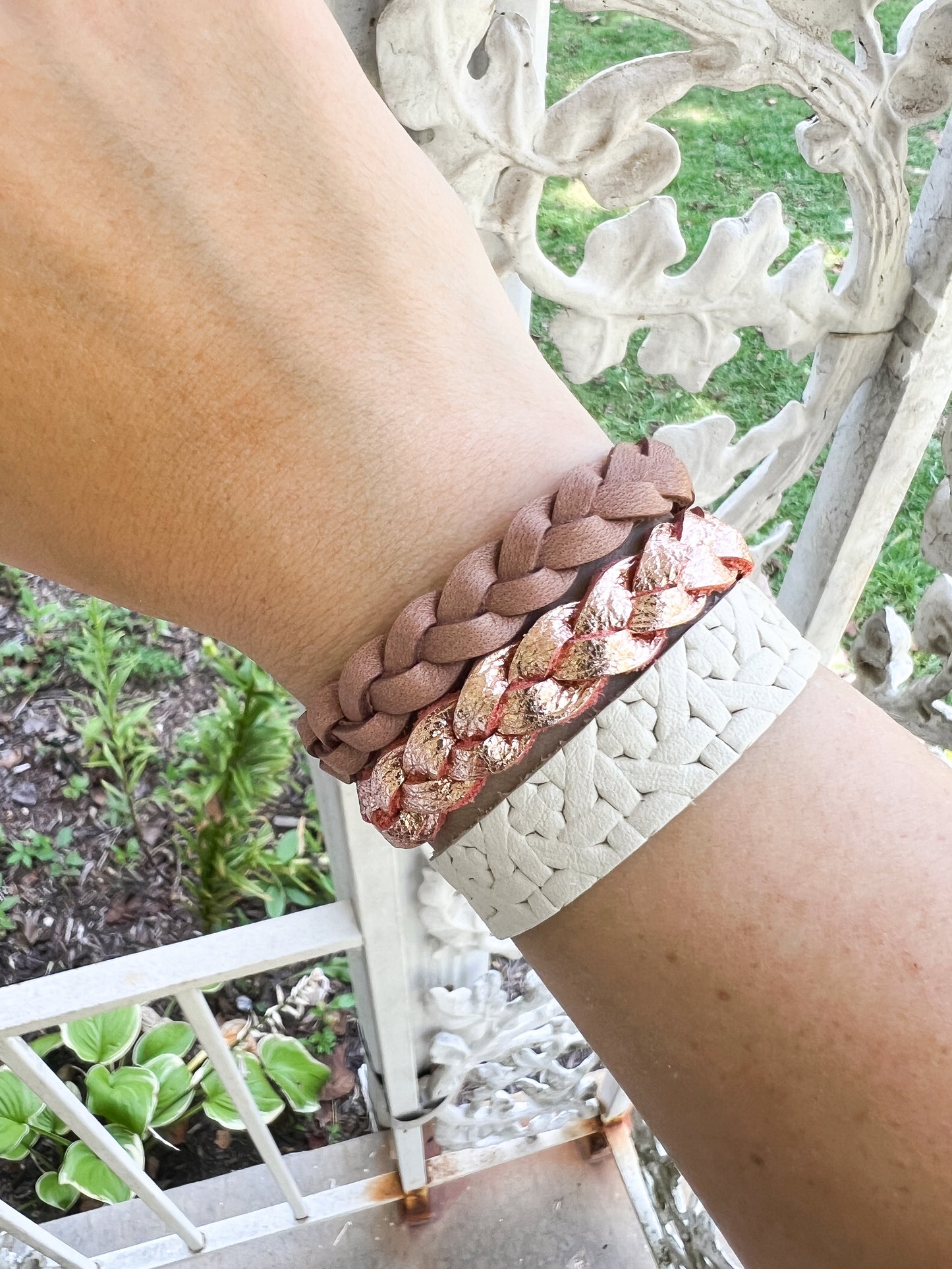 Leather Bracelet / Skinny Slim Cuff / Woven Chalk White