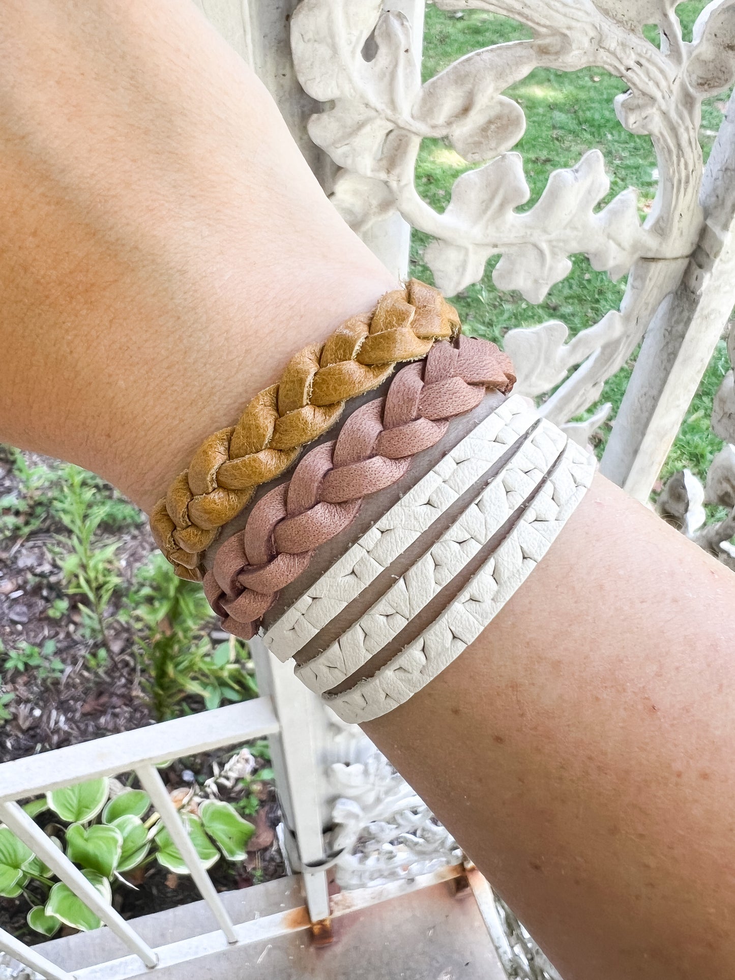 Leather Bracelet / Ultra Skinny Sliced Cuff / Woven Chalk White