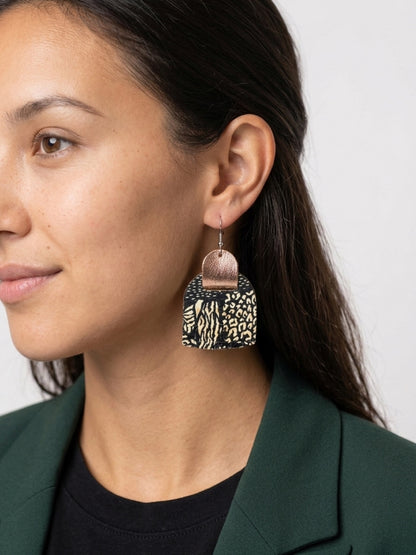 Leather Earrings / Fringies / Black Random Cork & Metallic Rosegold