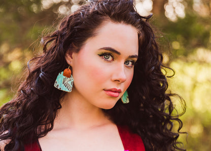 Leather Earrings / Fringies / Paisley Turquoise & Vintage Brown