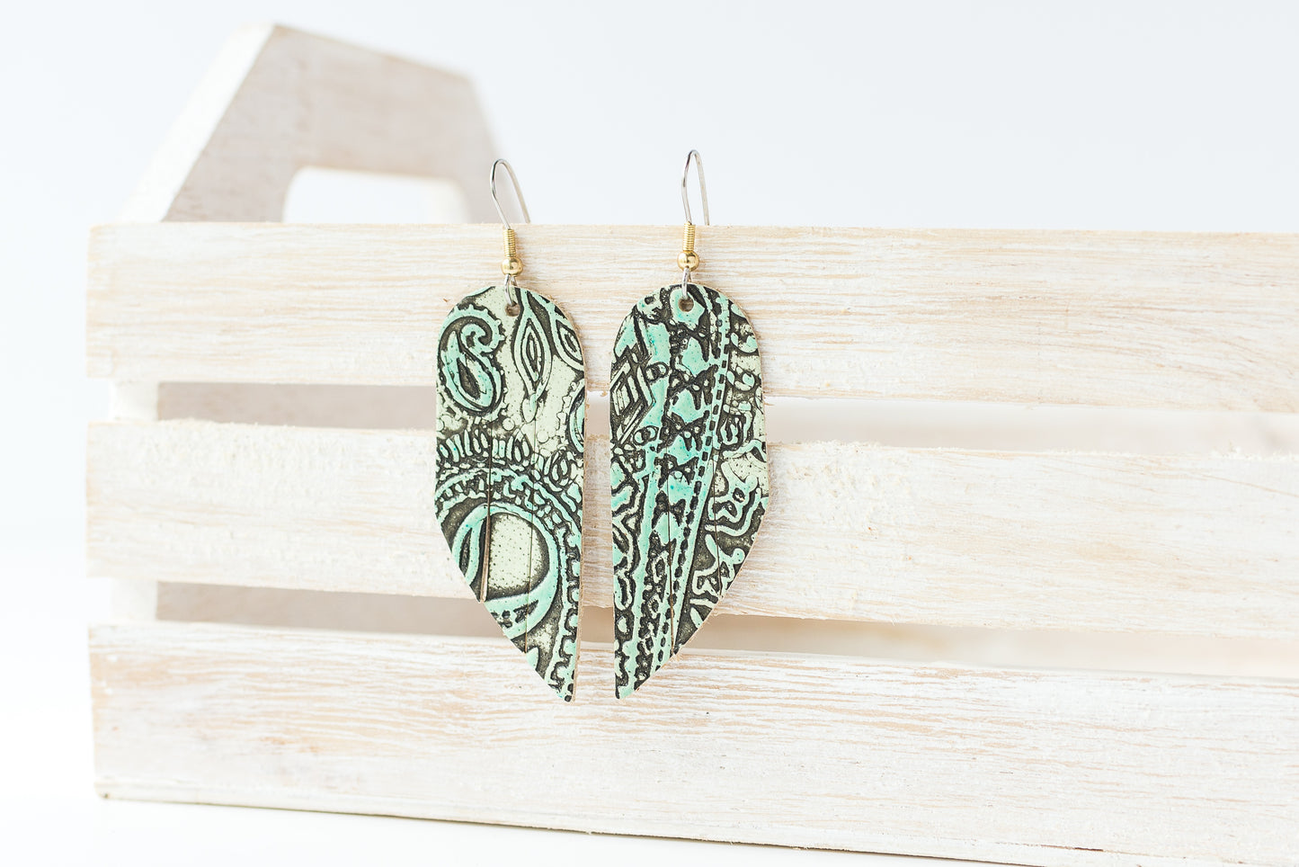 Leather Earrings / Mini Fringe / Paisley Turquoise