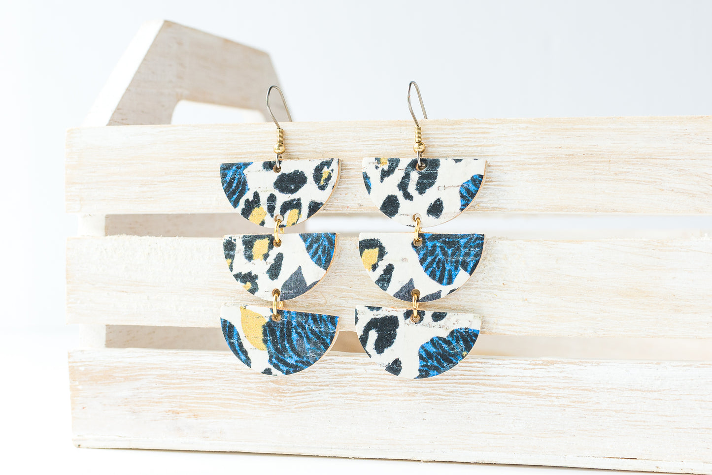 Leather Earrings / Tri Luna / Spotted Floral Cork