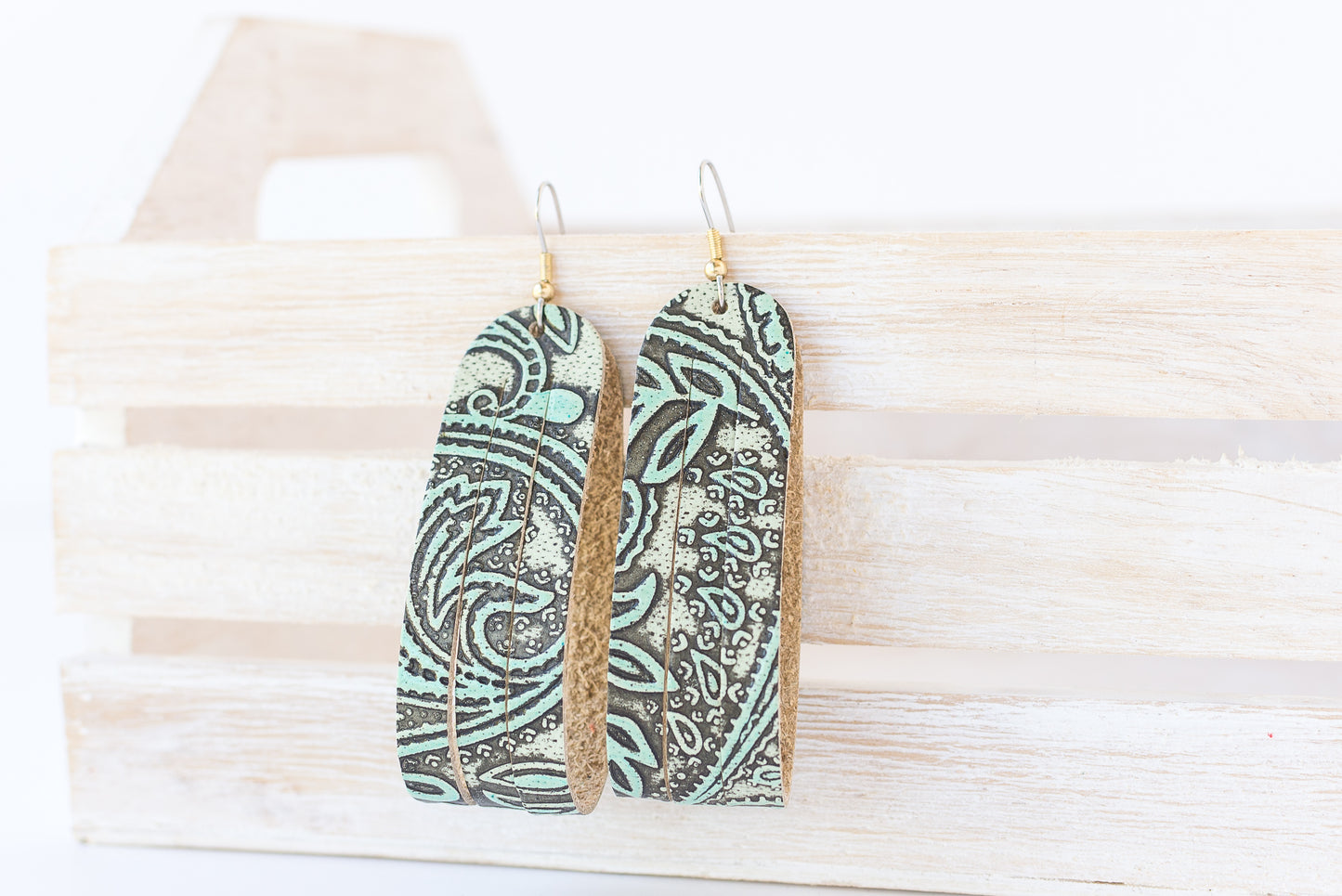 Leather Earrings / Sliced Leather / Paisley Turquoise
