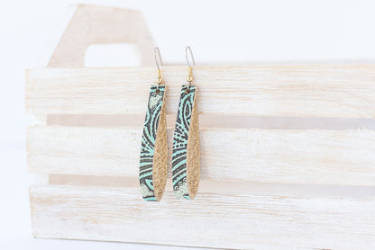 Leather Earrings / Thin Slit / Paisley Turquoise