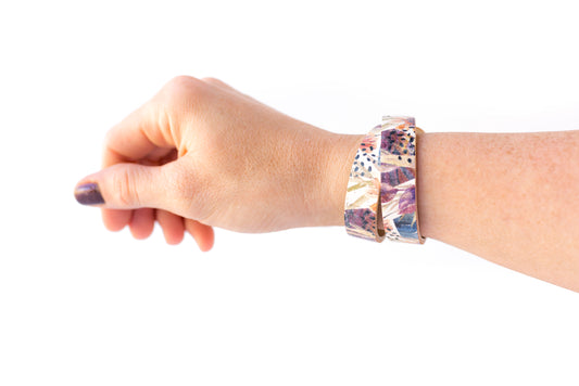 Leather Bracelet / Slim Wrap Cuff / Pressed Flowers Cork